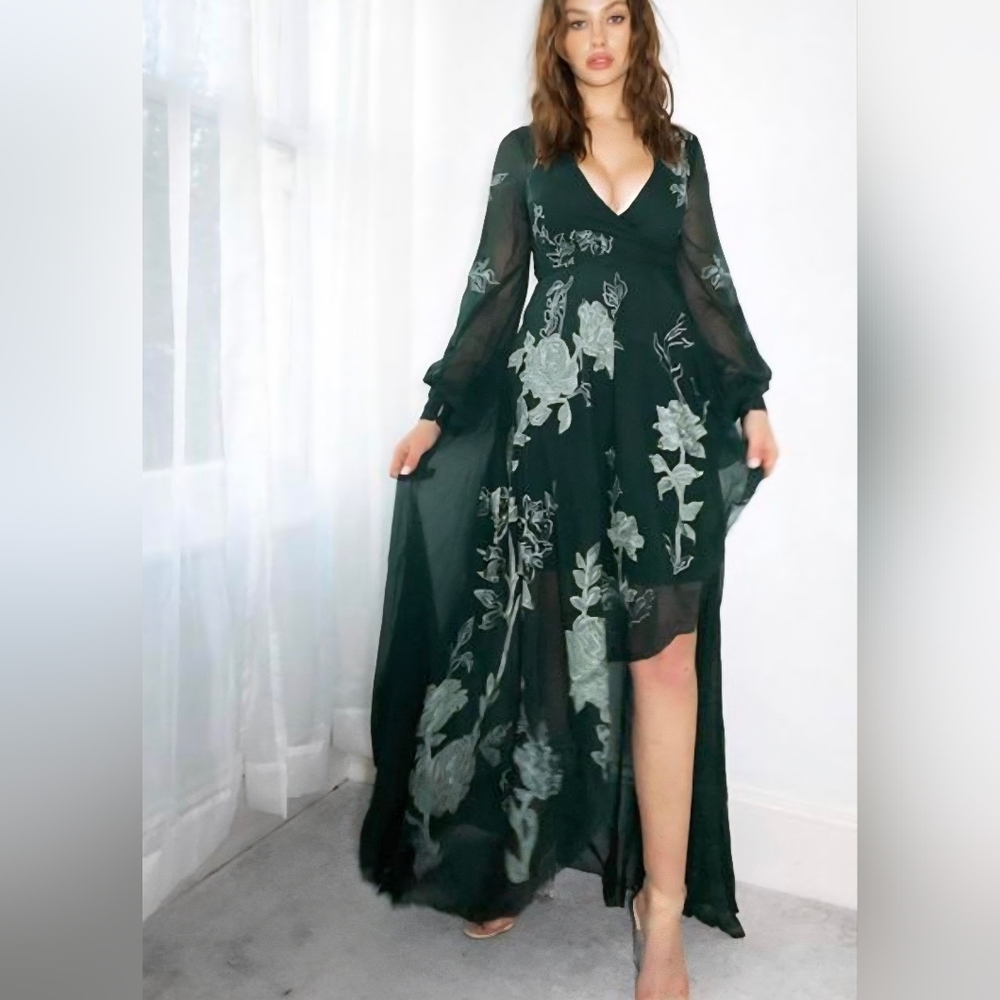 ASOS DESIGN Tall wrap maxi dress with satin applique floral in forest green  10
